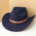 Dark blue felt cowboy jazz hat with brown leather band and silver bull head ornament - M (56-58cm) / Navy Blue (Khaki Bull Head Band)