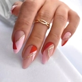 Pink and red geometric stiletto press-on nails with gold glitter lines and decorative ring - Pink Red Geometric Color Block Style (JP1985)