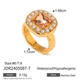 Detailansicht Goldener Edelstahlring mit orangefarbenem Edelstein und Perlenbesatz - US-Größe 7 / Champagnerfarbener quadratischer Edelstein-Perlenring