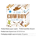 Blue and brown western cowboy theme paper napkins with A Little COWBOY is on the way text - Napkins