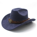 Detail of navy blue felt cowboy hat with brown leather band and bronze star emblem - M (56-59cm) / Navy Blue (Suede)