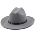 Close-up of grey wool wide brim fedora hat with studded ethnic leather band detail - Light Gray