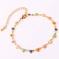 Detail of gold chain anklet featuring colorful enamel heart charms and lobster clasp - Multicolor Bracelet 3 (Fresh Tones)