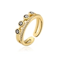 Macro detail of 18K gold plated ring featuring enamel evil eye charms and zircon accents - Adjustable Open / Colorful