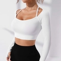 White ribbed long sleeve yoga crop top with square neck and thin straps layering - S / White