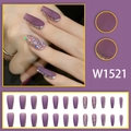 Uñas postizas largas tipo bailarina en color púrpura mate con purpurina, modelo W1521 - Diseño de Brillo Púrpura Uva Mate (W1521)