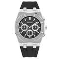 Silver octagonal sports watch with black waffle dial and black rubber strap - Silver Case Black Dial