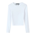 T-shirt court à manches longues et col rond blanc pour femme, coupe ajustée et épurée - S / Blanc