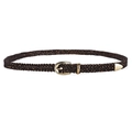 Women's woven skinny belt in dark brown with elegant gold U-shaped metal buckle - Coffee With Gold Thread