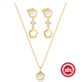 S925 sterling silver flower jewelry set with white shell and zirconia stone in gold - 925 Silver/Mother of Pearl/Zircon / Earrings and Necklace Set