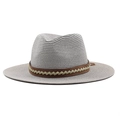 Close-up of grey straw fedora hat with a brown leather band and intricate woven texture - Gray / 56-58cm