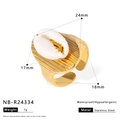 Detail view of gold stainless steel ring with white seashell showing exact dimensions - Cowrie Shell Style (NB-R24334)