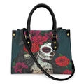 Skull pattern tote bag with Dia de los Muertos floral print and adjustable shoulder strap - Sugar Skull Female Head Red Rose - Black Strap