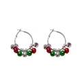 Detail of Christmas hoop earrings with red, green, and silver metallic bells hanging - Silver Hoop with Bells