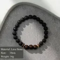 Men's 19cm elastic cross bracelet set featuring black lava stone and brown beads - 22120304 Volcanic Stone Gold Spacer