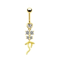 Detailed macro view of golden heart-shaped belly ring with sparkling crystals on white base - Twisted Teardrop Heart Dangle (BR3122313)