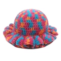 Close-up of handmade crochet bucket hat with pink blue orange yarn and ruffled brim - M(54-60cm) / Rose Red