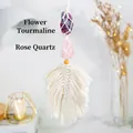 Handmade boho wall decor with plum blossom tourmaline, rose quartz and cotton tassels - Plum Tourmaline + Rose Quartz Macrame