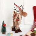 Renna di peluche nordica con cappello a quadri e sciarpa beige per decoro natalizio - Renna di Natale con sciarpa bianca