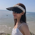 Women's black straw sun visor hat with elegant pearl embellishments for beach trips - M (56-58cm) / Black