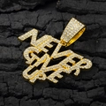 Close-up of gold-plated SISTER letter pendant with white crystals on black charcoal base - Sister Pendant / Gold