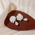 Elegant white petal drop earrings with round teardrop pearl and gold metal finish - 3D Pleated Flower Artificial Pearl Style (E5078/Silver Needle)