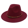 Classic burgundy fedora hat with skull star badge and woven brown leather band decor - Burgundy