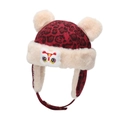 Rote Kinder-Wintermütze mit Leopardenmuster, Plüschbesatz und Löwentanz-Stickerei - Dunkelrot Löwen-Stil (Dunkelrot A)