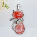 Silver cat pendant with red crystal gemstone inlay for DIY necklace accessory - Watermelon red