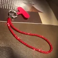 Luxury phone wrist strap with sparkling red rhinestones and silver metal ring - Short Full Rhinestone Lanyard + Round Buckle + Red Patch / Red