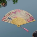 Japanese style bamboo folding fan with pink cherry blossoms and elegant silk tassel - Pink Cherry Blossom and Swallows (Style 70)