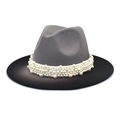 Close-up of dual-tone fedora hat featuring grey crown and pearl-embellished band - Light Gray + Black