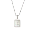 Silver rectangle pendant necklace with natural white mother of pearl and letter R engraving - Letter R