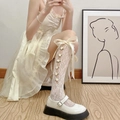 White Japanese lace knee-high socks with 3D floral accents and large ribbon bows - One Size / Side Sunflower White