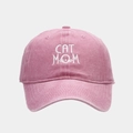 Detailed embroidery of CAT MOM text and cat whiskers on vintage washed pink baseball cap - Adjustable / Pink