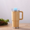 Eco-friendly bamboo coffee mug with blue sliding lid and stainless steel trim finish - 30oz Bamboo Shell Mug with Handle
