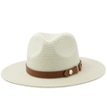 Classic beige Panama straw sun hat featuring a dark brown leather band and gold studs - Creamy White (Coffee Leather Band)