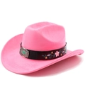 Close-up of pink suede cowboy hat with floral embroidery and turquoise silver buckle - M(56-58cm) / Magenta