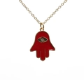 Hamsa hand necklace with red palm, evil eye detail, and gold chain for women - Red Hamsa Hand