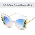 Cat eye sunglasses with clear frames, blue-pink gradient lenses and emerald side jewels - Transparent Frame Gradient Blue Lens