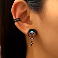 Gothic black crescent moon earring set with blue gemstone and purple crystal charms - Black Moon Rhinestone Earring and Double Ring Ear Cuff Combination (M-305)