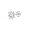 Silver starburst nose stud with round pink zircon and beaded radiant sunburst design - Silver Sun Flower / Pink Stone (K-932)