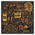 Λεπτομέρεια μπαντάνας Wild West με χρυσά ινδιάνικα και καουμπόικα σχέδια σε μαύρο βαμβάκι - Μεταξοτυπία Μαύρο