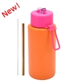 Orange 1L stainless steel water bottle with pink lid, reusable straw and cleaning brush - 1L / Fluorescent Rose + Orange