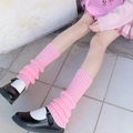 Detailed view of pink knitted Lolita leg warmers styled with JK uniform and Mary Janes - Pink