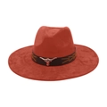 Macro shot of dark red wide brim western hat with silver bull head metal ornament - Rust red