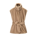 Women's faux fur vest jacket in camel with stand collar and adjustable belt - S / Khaki