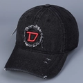 Detailed close-up of vintage washed denim baseball cap with red embroidered D logo - M(56-58cm) / Black