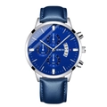 Detail of blue dial quartz watch with luminous calendar and silver stainless steel case - Leather Silver Case Blue Face Blue Strap