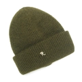 Detailed close-up of dark olive green knit beanie with white R letter embroidery - One Size / Olive Green